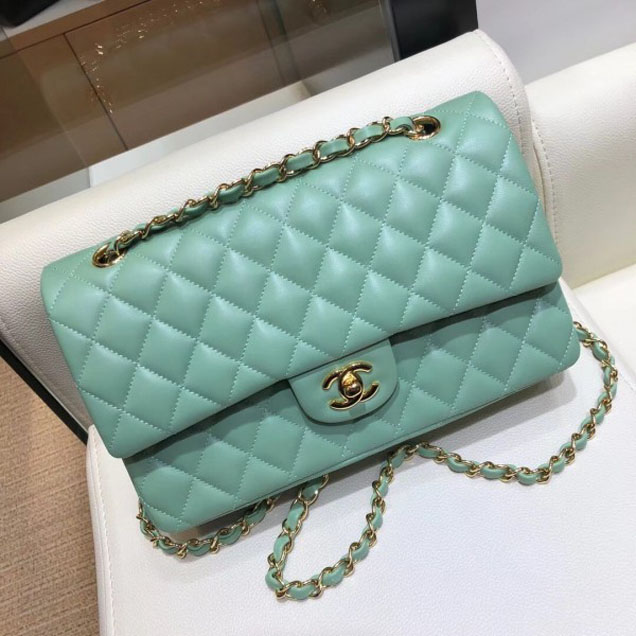 Chanel Classic Flap Medium Bag A1112 Light Green in Original Leather with Gold Hardware 2018