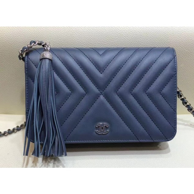 Chanel Fringe Calfskin Wallet On Chain WOC Bag A84444 Navy Blue 2018