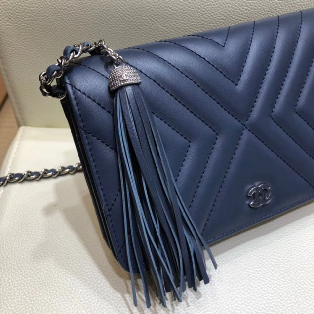 Chanel Fringe Calfskin Wallet On Chain WOC Bag A84444 Navy Blue 2018