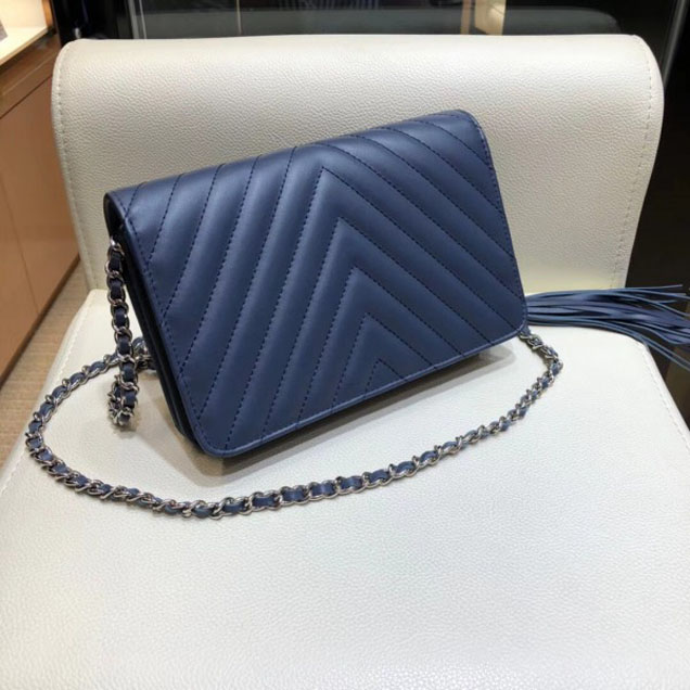 Chanel Fringe Calfskin Wallet On Chain WOC Bag A84444 Navy Blue 2018
