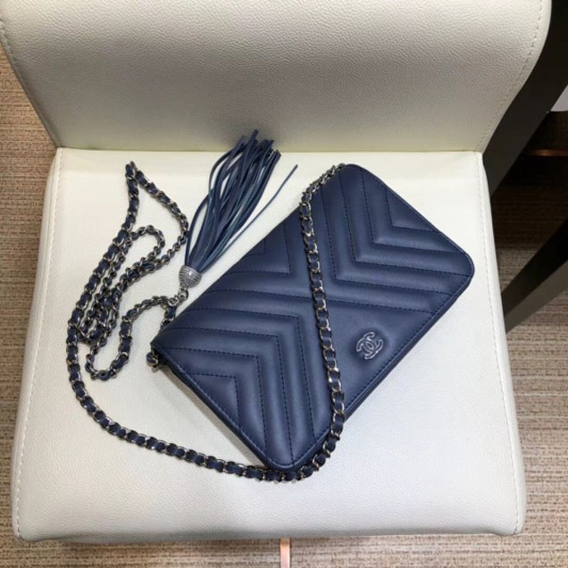 Chanel Fringe Calfskin Wallet On Chain WOC Bag A84444 Navy Blue 2018
