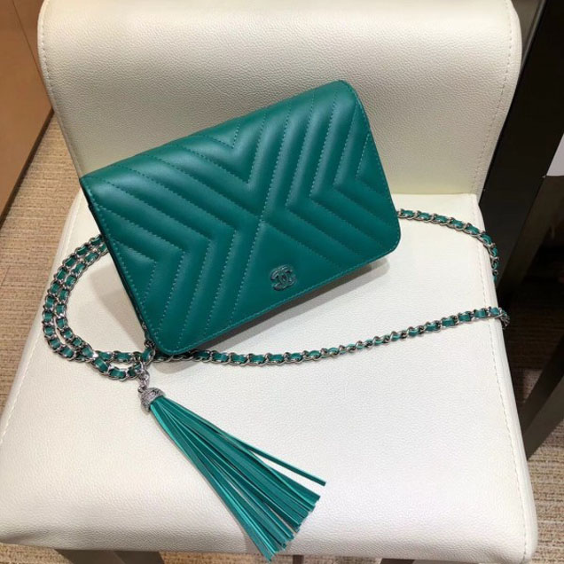 Chanel Fringe Calfskin Wallet On Chain WOC Bag A84444 Green 2018