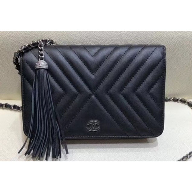 Chanel Fringe Calfskin Wallet On Chain WOC Bag A84444 Black 2018