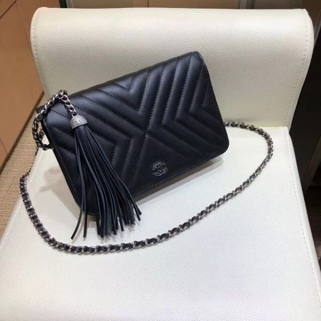 Chanel Fringe Calfskin Wallet On Chain WOC Bag A84444 Black 2018