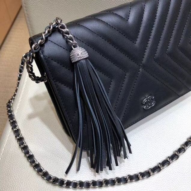 Chanel Fringe Calfskin Wallet On Chain WOC Bag A84444 Black 2018