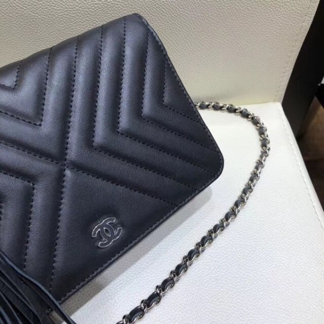 Chanel Fringe Calfskin Wallet On Chain WOC Bag A84444 Black 2018
