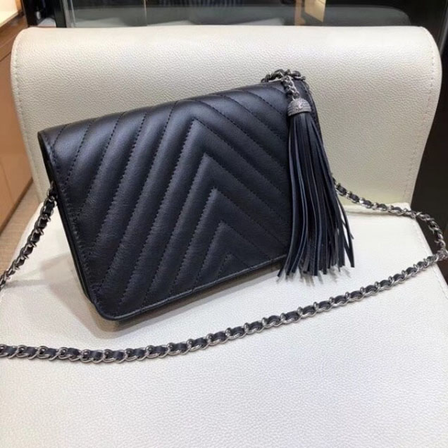 Chanel Fringe Calfskin Wallet On Chain WOC Bag A84444 Black 2018