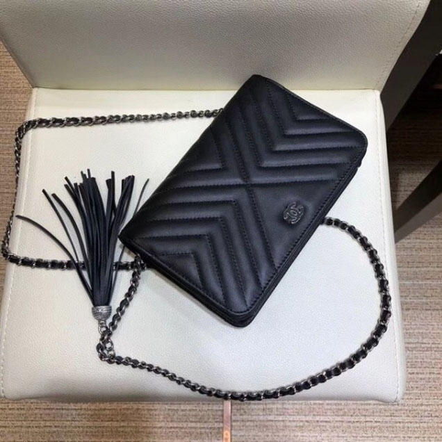 Chanel Fringe Calfskin Wallet On Chain WOC Bag A84444 Black 2018