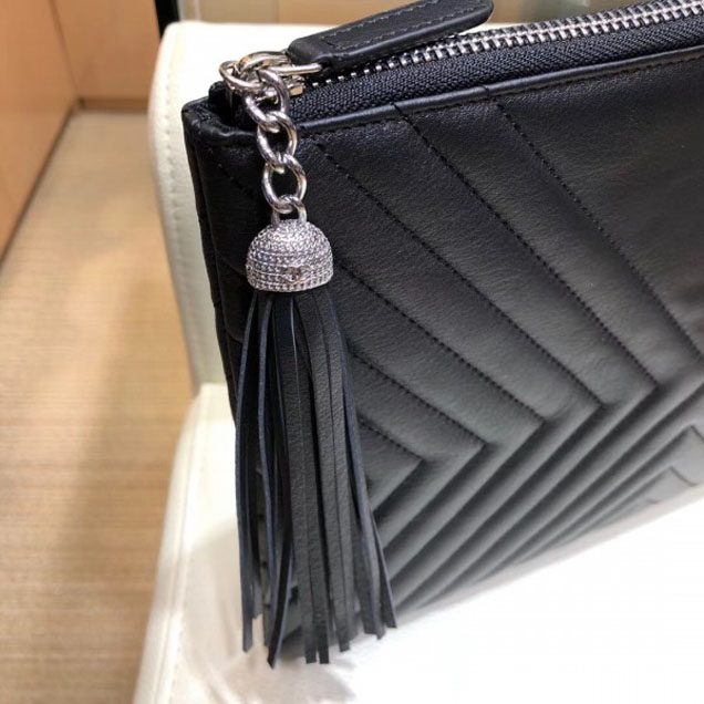 Chanel Fringe Calfskin Pouch Clutch Bag A84469 Black 2018