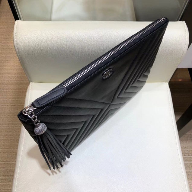 Chanel Fringe Calfskin Pouch Clutch Bag A84469 Black 2018