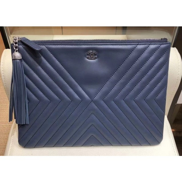 Chanel Fringe Calfskin Pouch Clutch Bag A84469 Navy Blue 2018