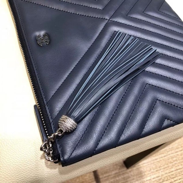 Chanel Fringe Calfskin Pouch Clutch Bag A84469 Navy Blue 2018