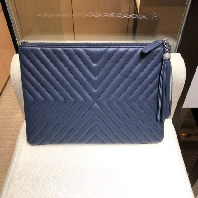 Chanel Fringe Calfskin Pouch Clutch Bag A84469 Navy Blue 2018