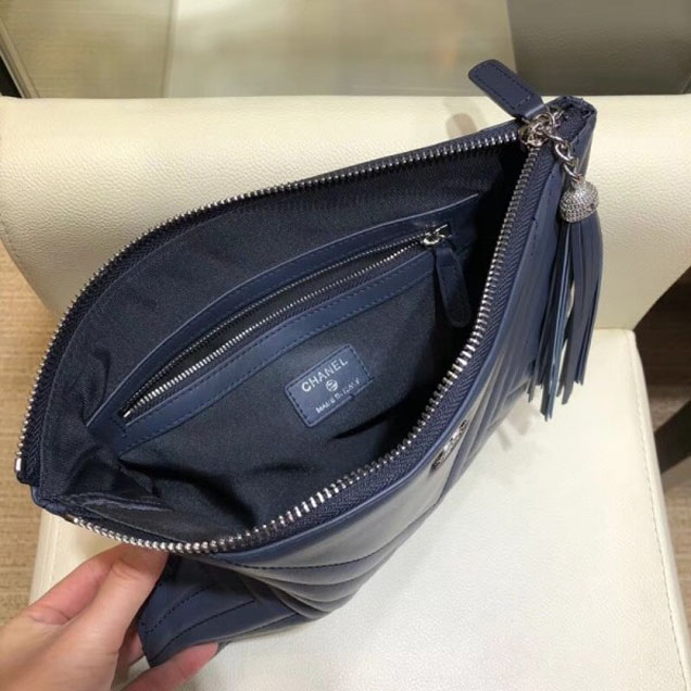 Chanel Fringe Calfskin Pouch Clutch Bag A84469 Navy Blue 2018