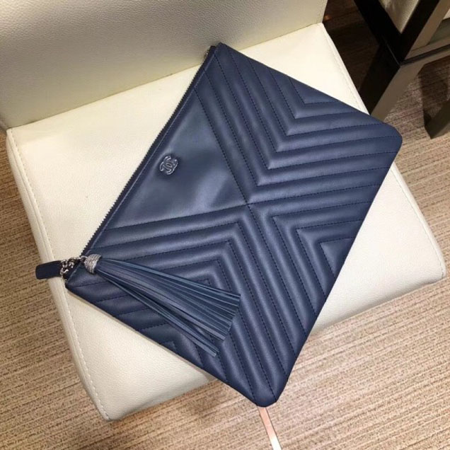 Chanel Fringe Calfskin Pouch Clutch Bag A84469 Navy Blue 2018