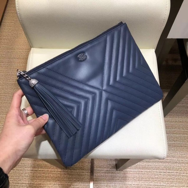 Chanel Fringe Calfskin Pouch Clutch Bag A84469 Navy Blue 2018