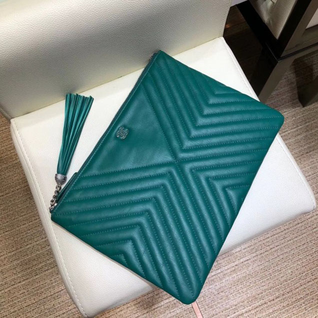 Chanel Fringe Calfskin Pouch Clutch Bag A84469 Green 2018