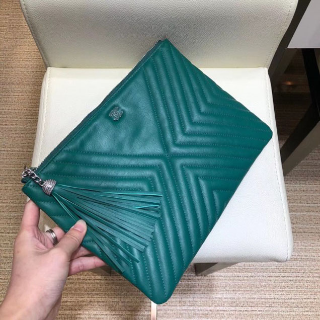 Chanel Fringe Calfskin Pouch Clutch Bag A84469 Green 2018