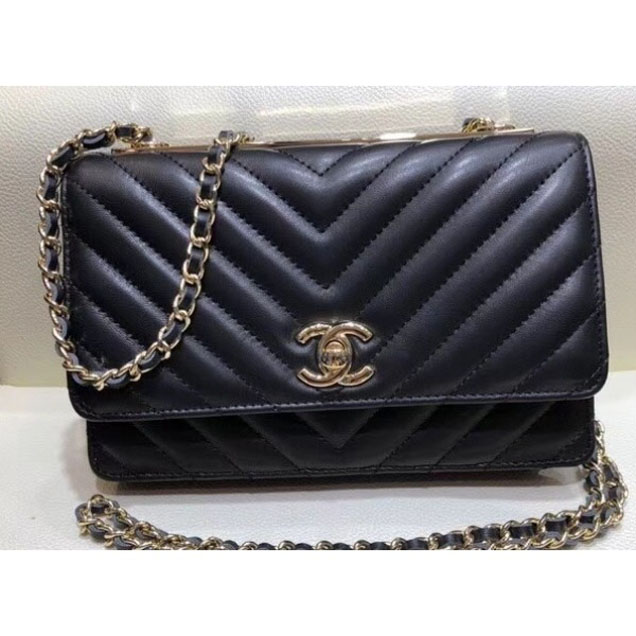 Chanel Lambskin Chevron Trendy CC Wallet On Chain WOC Bag A84456 Black 2018