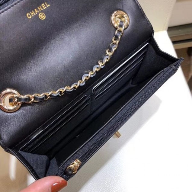 Chanel Lambskin Chevron Trendy CC Wallet On Chain WOC Bag A84456 Black 2018
