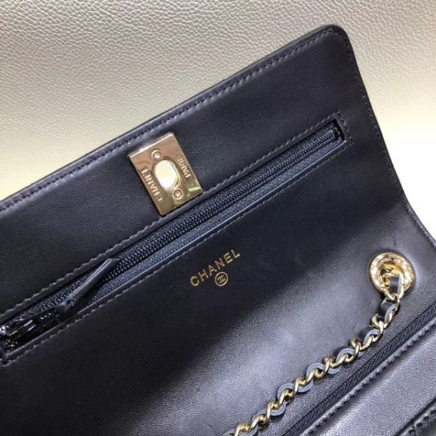 Chanel Lambskin Chevron Trendy CC Wallet On Chain WOC Bag A84456 Black 2018