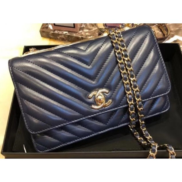 Chanel Lambskin Chevron Trendy CC Wallet On Chain WOC Bag A84456 Dark Blue 2018