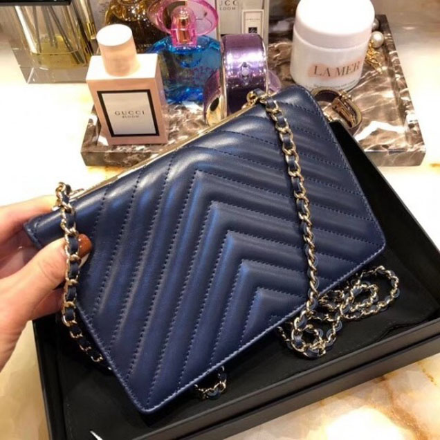 Chanel Lambskin Chevron Trendy CC Wallet On Chain WOC Bag A84456 Dark Blue 2018