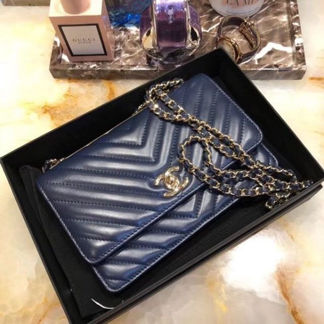 Chanel Lambskin Chevron Trendy CC Wallet On Chain WOC Bag A84456 Dark Blue 2018