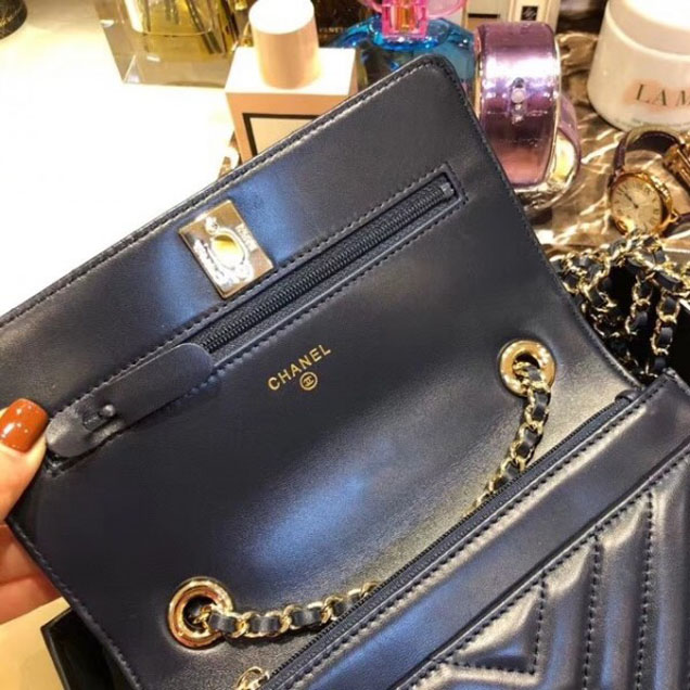 Chanel Lambskin Chevron Trendy CC Wallet On Chain WOC Bag A84456 Dark Blue 2018