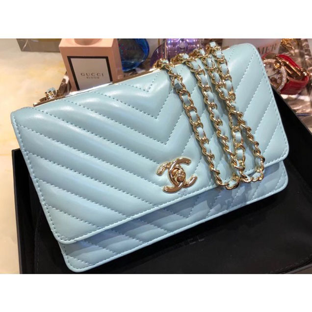 Chanel Lambskin Chevron Trendy CC Wallet On Chain WOC Bag A84456 Light Blue 2018