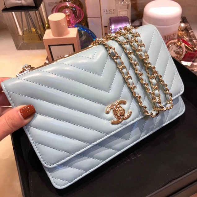 Chanel Lambskin Chevron Trendy CC Wallet On Chain WOC Bag A84456 Light Blue 2018