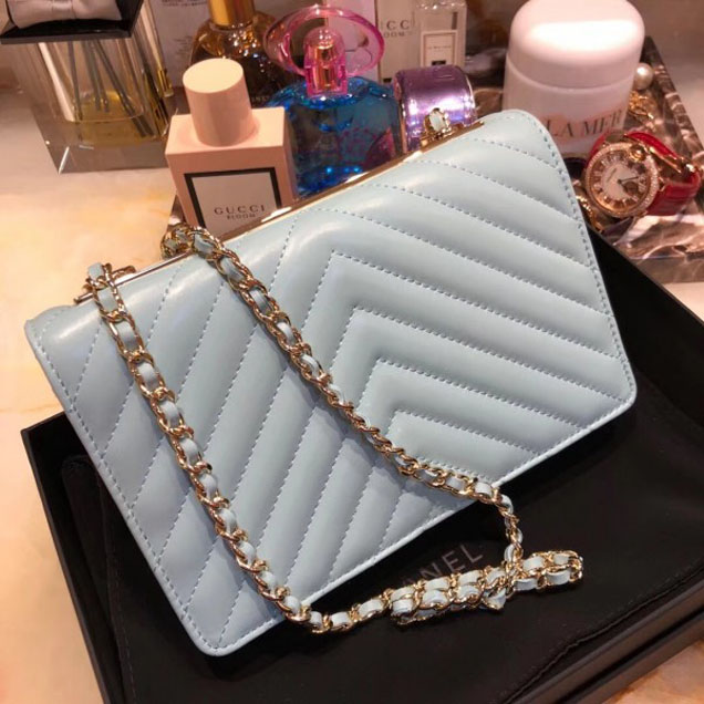 Chanel Lambskin Chevron Trendy CC Wallet On Chain WOC Bag A84456 Light Blue 2018
