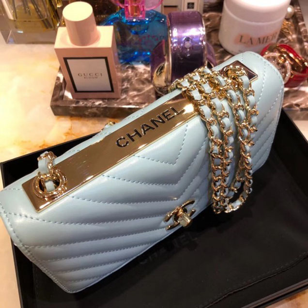 Chanel Lambskin Chevron Trendy CC Wallet On Chain WOC Bag A84456 Light Blue 2018
