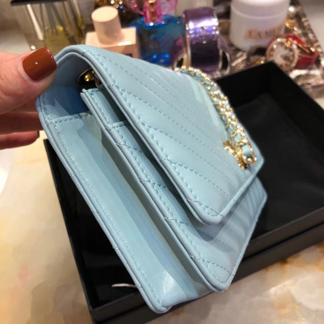 Chanel Lambskin Chevron Trendy CC Wallet On Chain WOC Bag A84456 Light Blue 2018
