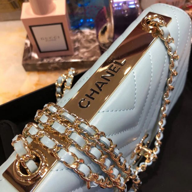 Chanel Lambskin Chevron Trendy CC Wallet On Chain WOC Bag A84456 Light Blue 2018