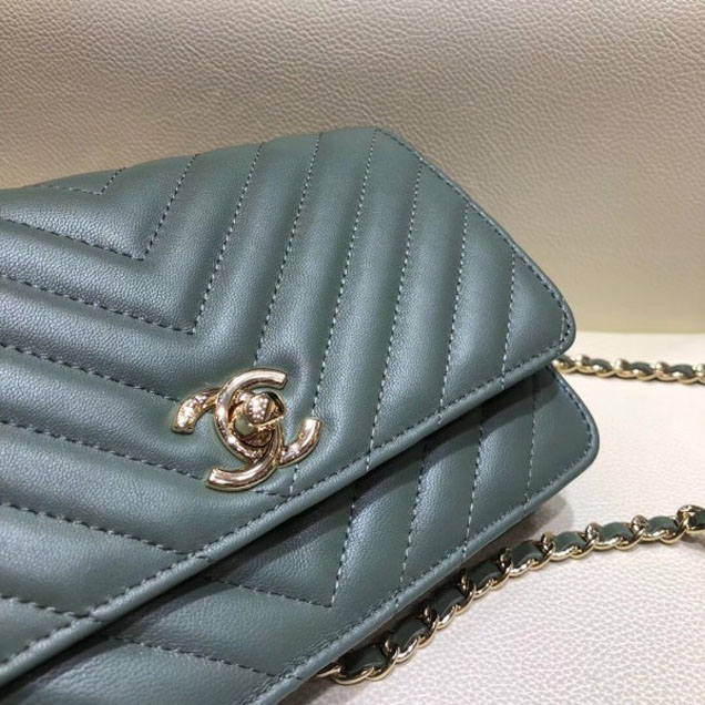 Chanel Lambskin Chevron Trendy CC Wallet On Chain WOC Bag A84456 Light Green 2018