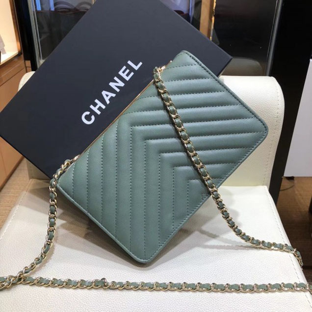 Chanel Lambskin Chevron Trendy CC Wallet On Chain WOC Bag A84456 Light Green 2018