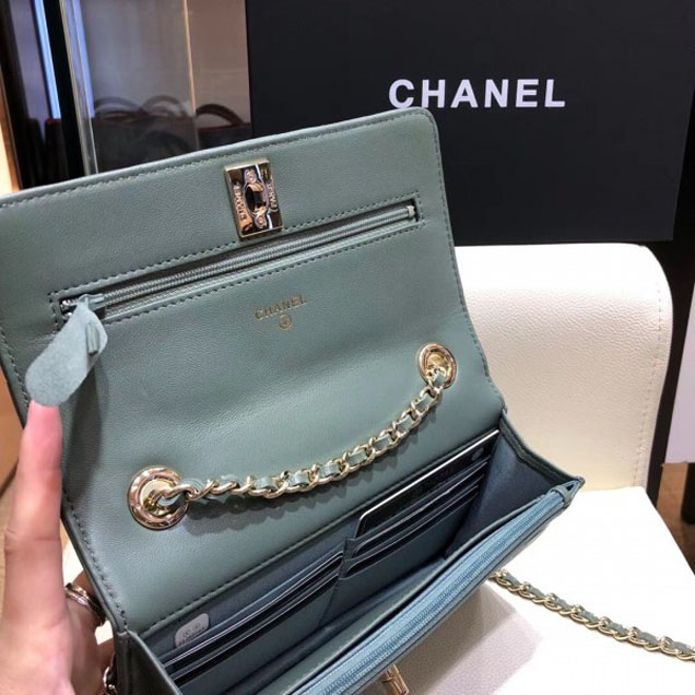 Chanel Lambskin Chevron Trendy CC Wallet On Chain WOC Bag A84456 Light Green 2018