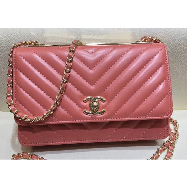 Chanel Lambskin Chevron Trendy CC Wallet On Chain WOC Bag A84456 Dark Pink 2018