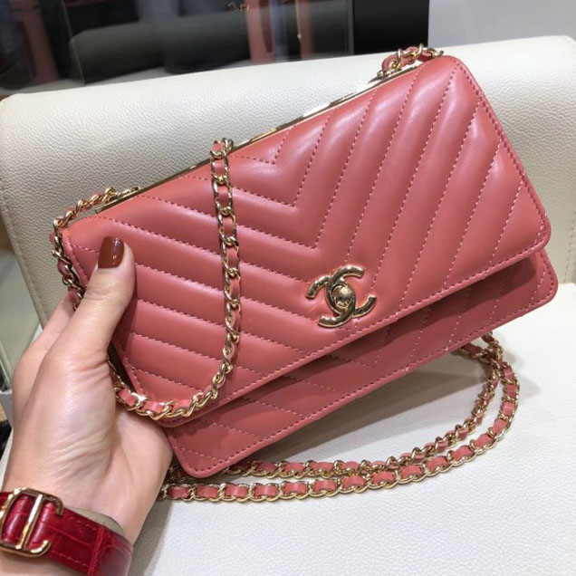 Chanel Lambskin Chevron Trendy CC Wallet On Chain WOC Bag A84456 Dark Pink 2018