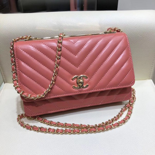 Chanel Lambskin Chevron Trendy CC Wallet On Chain WOC Bag A84456 Dark Pink 2018