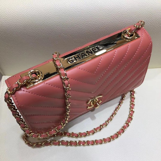Chanel Lambskin Chevron Trendy CC Wallet On Chain WOC Bag A84456 Dark Pink 2018