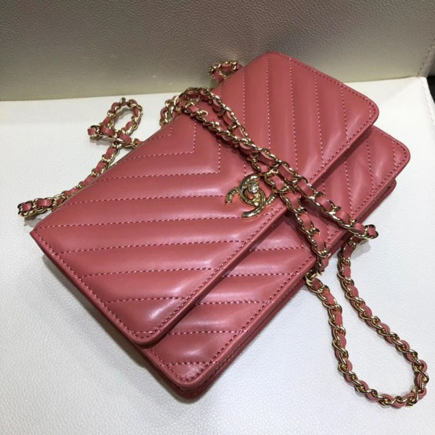 Chanel Lambskin Chevron Trendy CC Wallet On Chain WOC Bag A84456 Dark Pink 2018