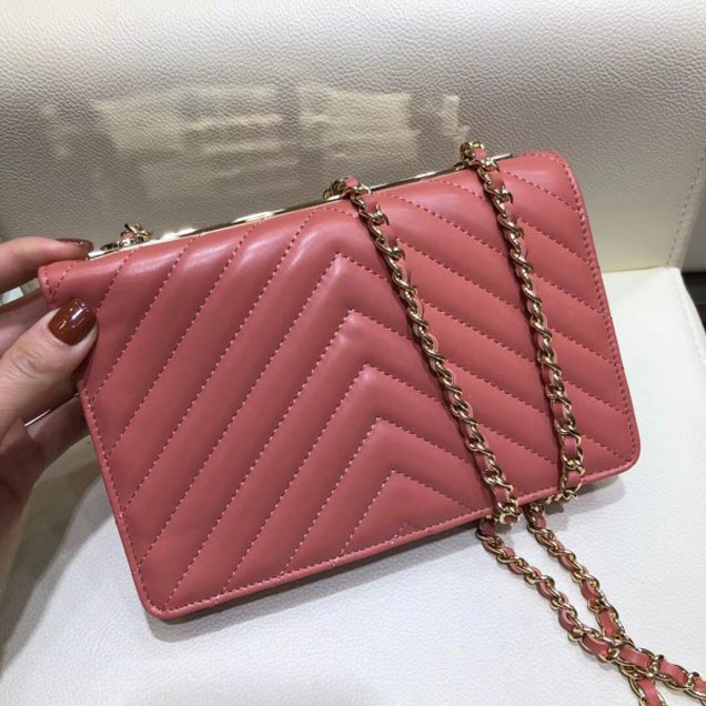 Chanel Lambskin Chevron Trendy CC Wallet On Chain WOC Bag A84456 Dark Pink 2018