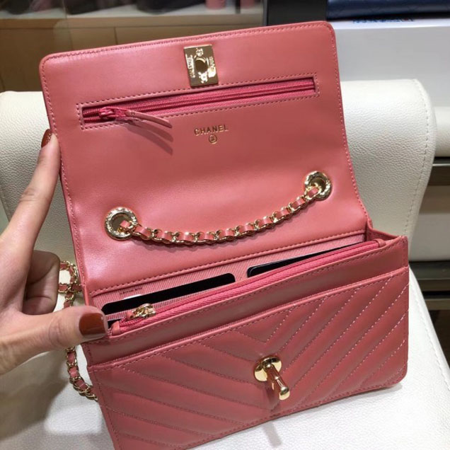 Chanel Lambskin Chevron Trendy CC Wallet On Chain WOC Bag A84456 Dark Pink 2018