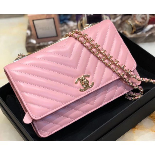 Chanel Lambskin Chevron Trendy CC Wallet On Chain WOC Bag A84456 Pink 2018