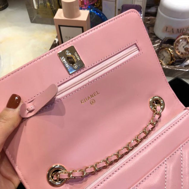 Chanel Lambskin Chevron Trendy CC Wallet On Chain WOC Bag A84456 Pink 2018