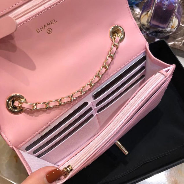 Chanel Lambskin Chevron Trendy CC Wallet On Chain WOC Bag A84456 Pink 2018