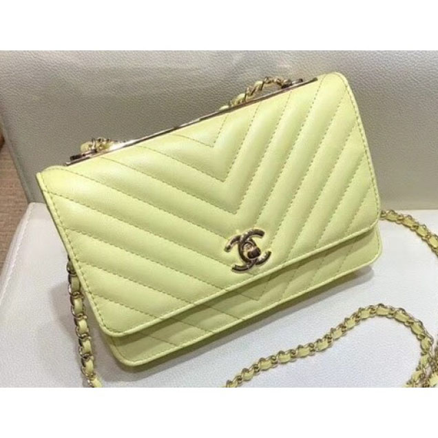 Chanel Lambskin Chevron Trendy CC Wallet On Chain WOC Bag A84456 Yellow 2018