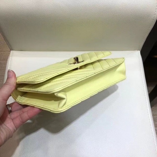 Chanel Lambskin Chevron Trendy CC Wallet On Chain WOC Bag A84456 Yellow 2018